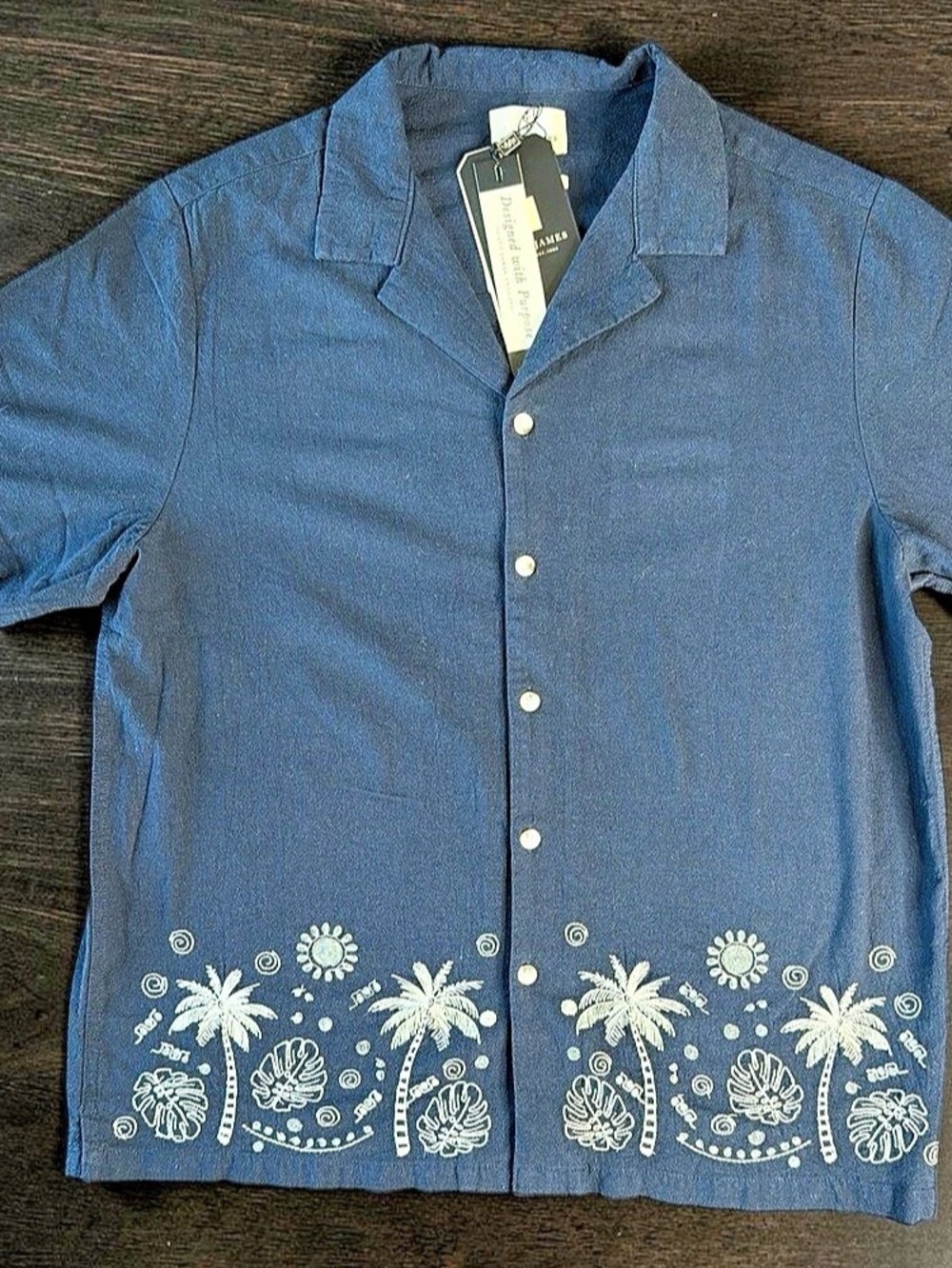 Scott James Mens Short Sleeve Button Down Shirt Navy Palm Embroidered